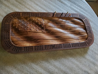 Custom American Flag Cribbage Board | 3D Carved Maple Hardwood (Made in USA)