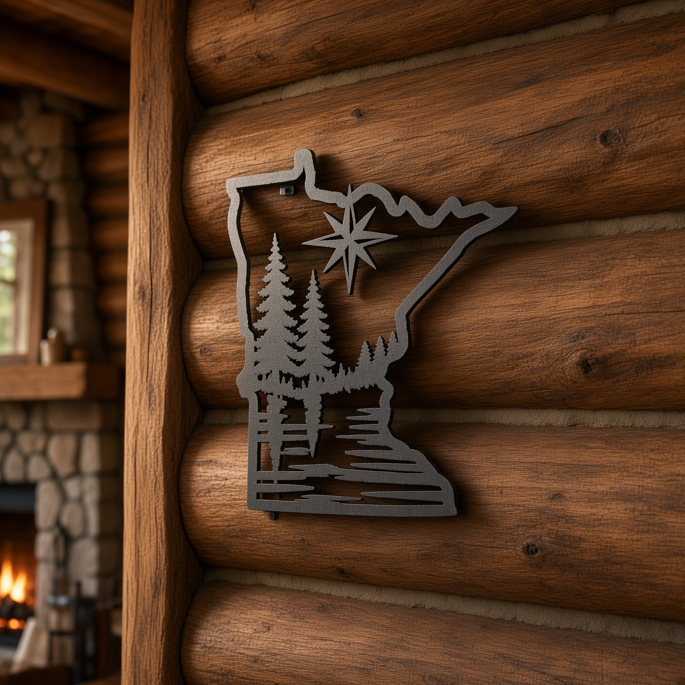 A dark gray metal wall art piece shaped like the state of Minnesota, featuring a star and pine trees, mounted on a rustic wooden log wall next to a stone fireplace.
