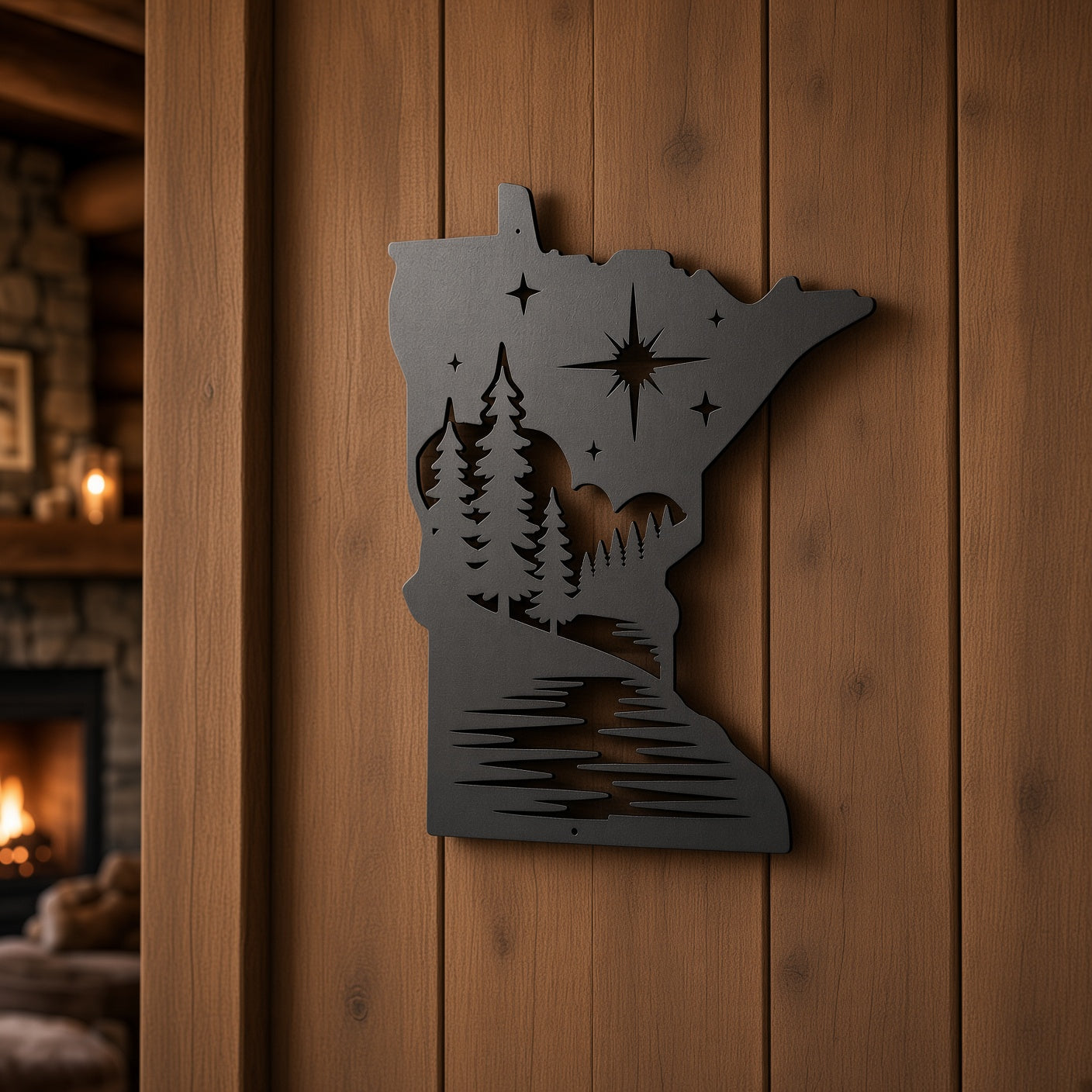 A dark gray metal wall art piece shaped like the state of Minnesota, featuring a cutout landscape design with stars, trees, mountains, and a river, mounted on a vertical wood-paneled wall.
