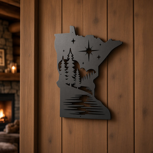 A dark gray metal wall art piece shaped like the state of Minnesota, featuring a cutout landscape design with stars, trees, mountains, and a river, mounted on a vertical wood-paneled wall.