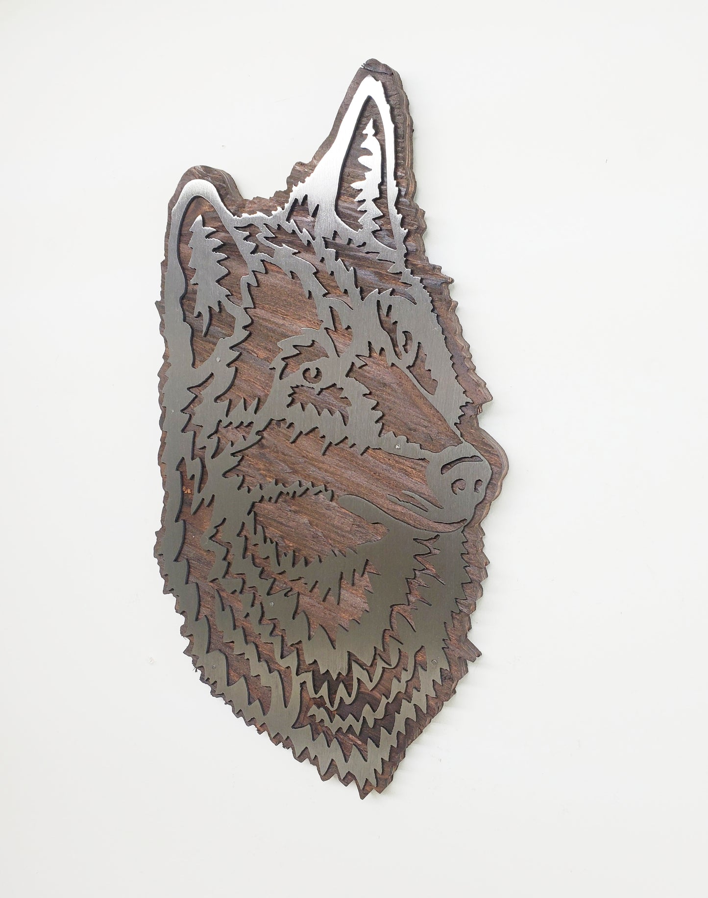 Wolf Head Metal Art on Wood