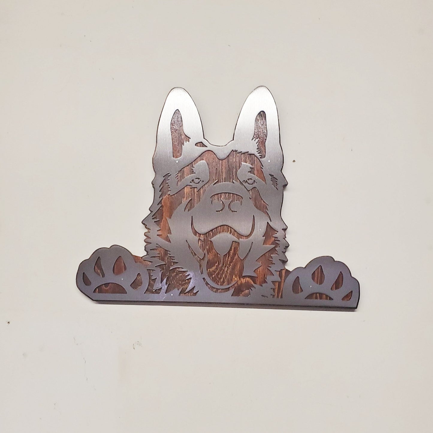 German Shepherd Metal Art on Rustic Stained Wood