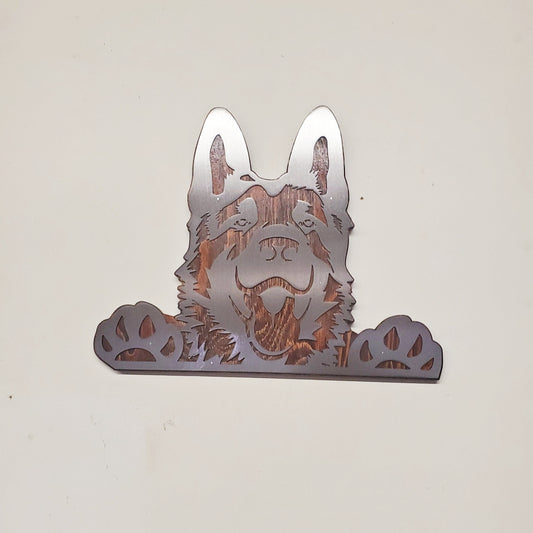 German Shepherd Metal Art on Rustic Stained Wood