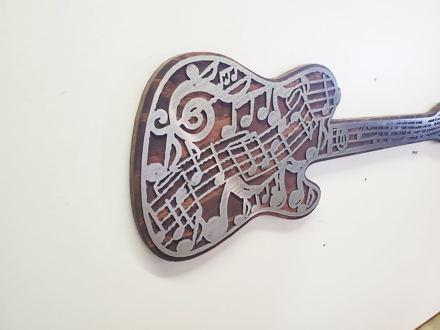 Musical Note Guitar Metal Art on Wood