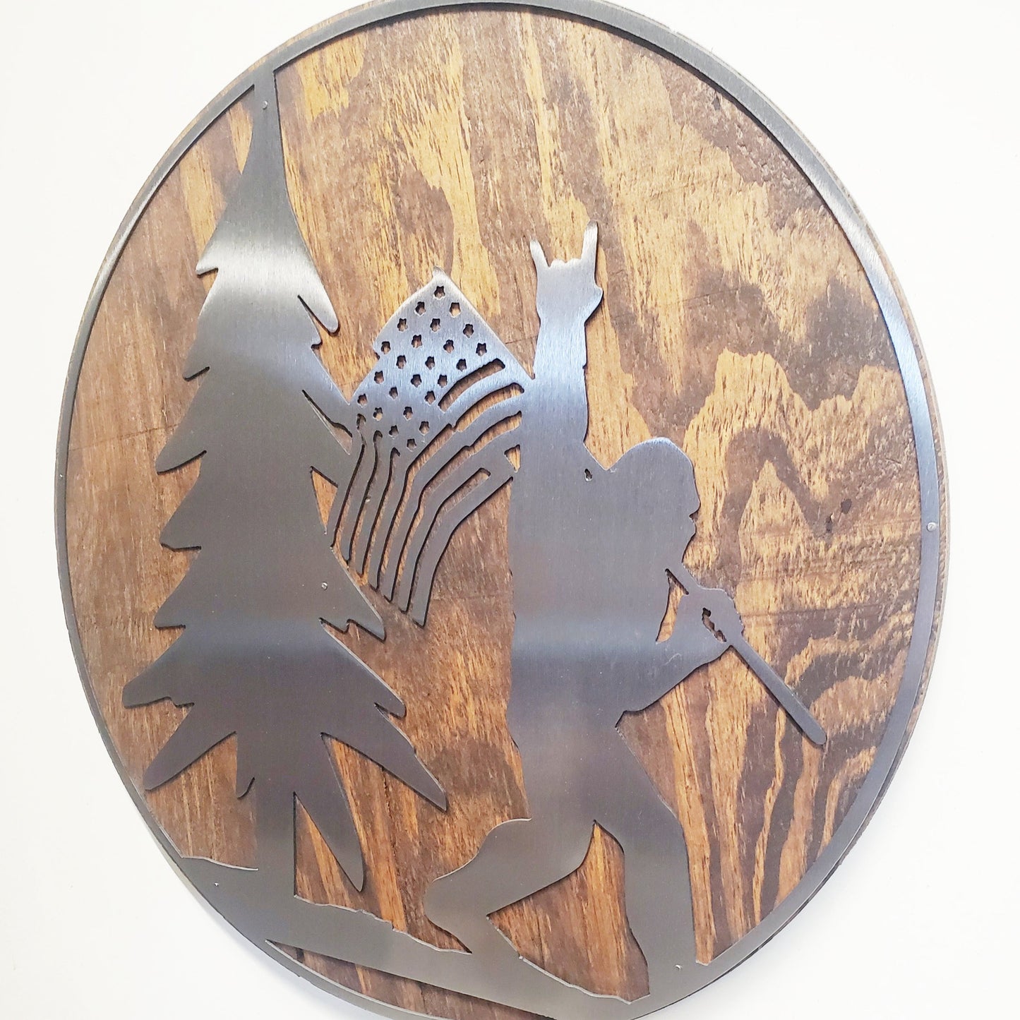 Bigfoot with an American Flag and Trees |  Rustic cabin Decor | Sasquatch Yeti | Metal Art on Wood