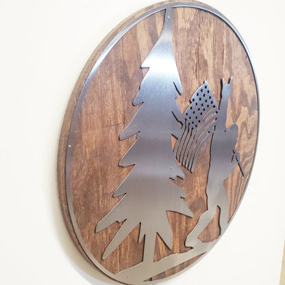 Bigfoot with an American Flag and Trees |  Rustic cabin Decor | Sasquatch Yeti | Metal Art on Wood