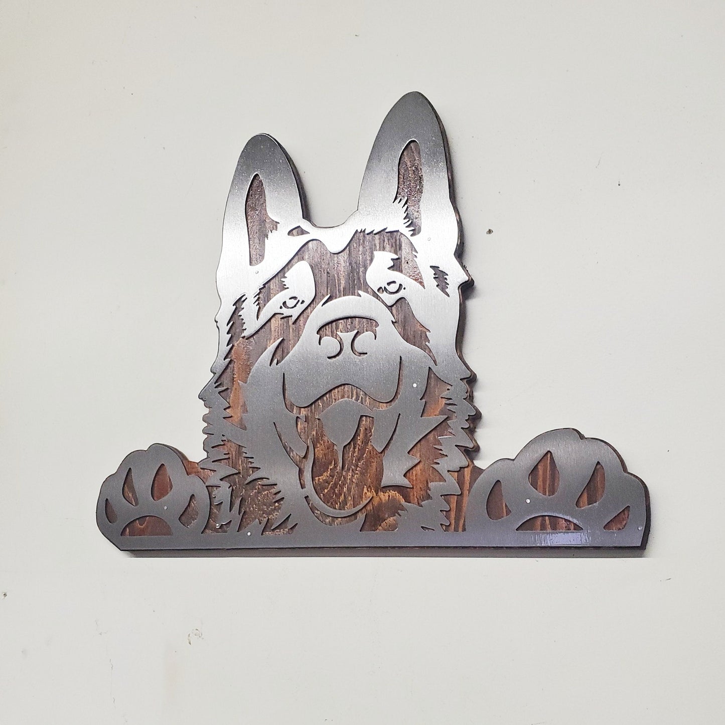 German Shepherd Metal Art on Rustic Stained Wood