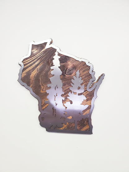 Wisconsin State Shape with Trees Metal Art on Wood
