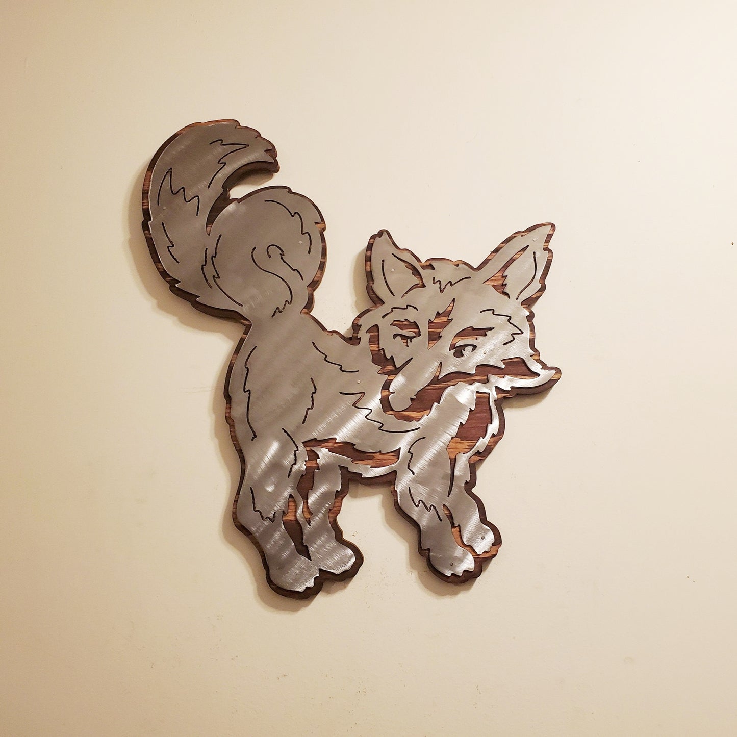 Rustic Fox Metal Art on Stained Wood