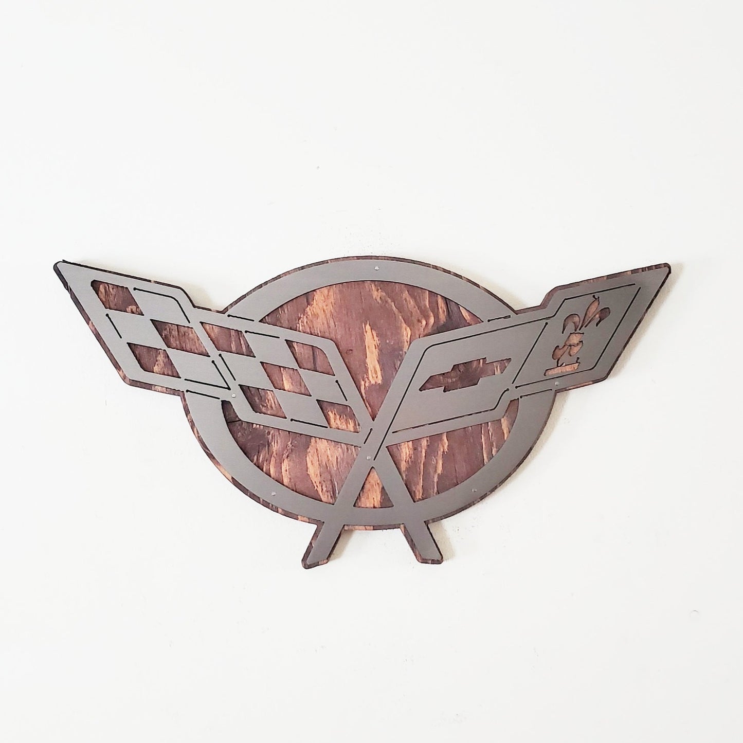 Corvette Flag Sign Metal Art on Wood | Automobile Memorabilia