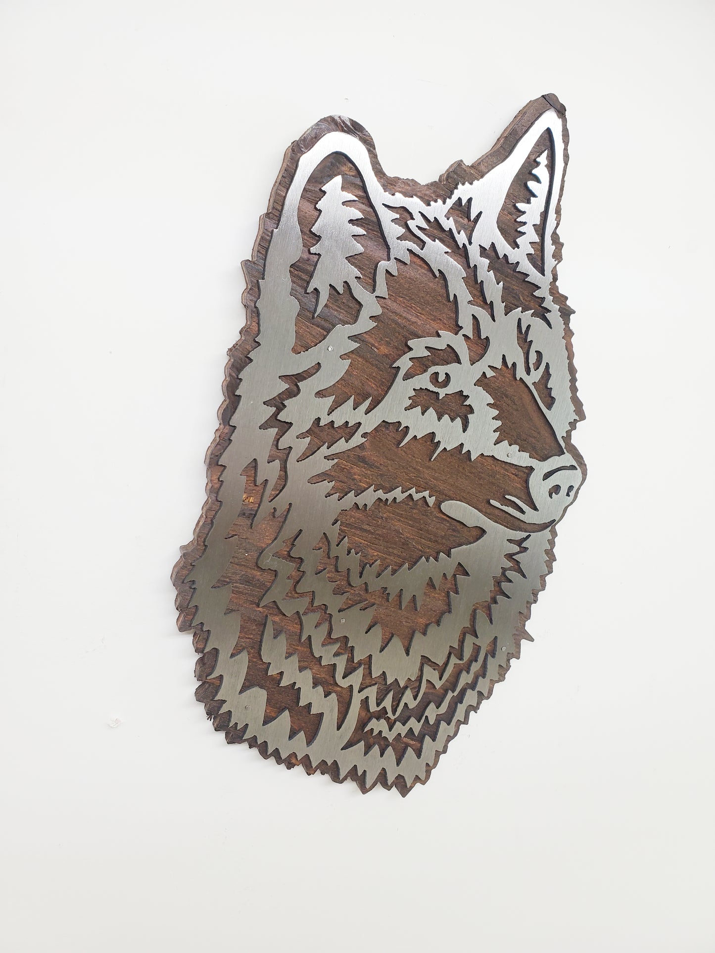 Wolf Head Metal Art on Wood