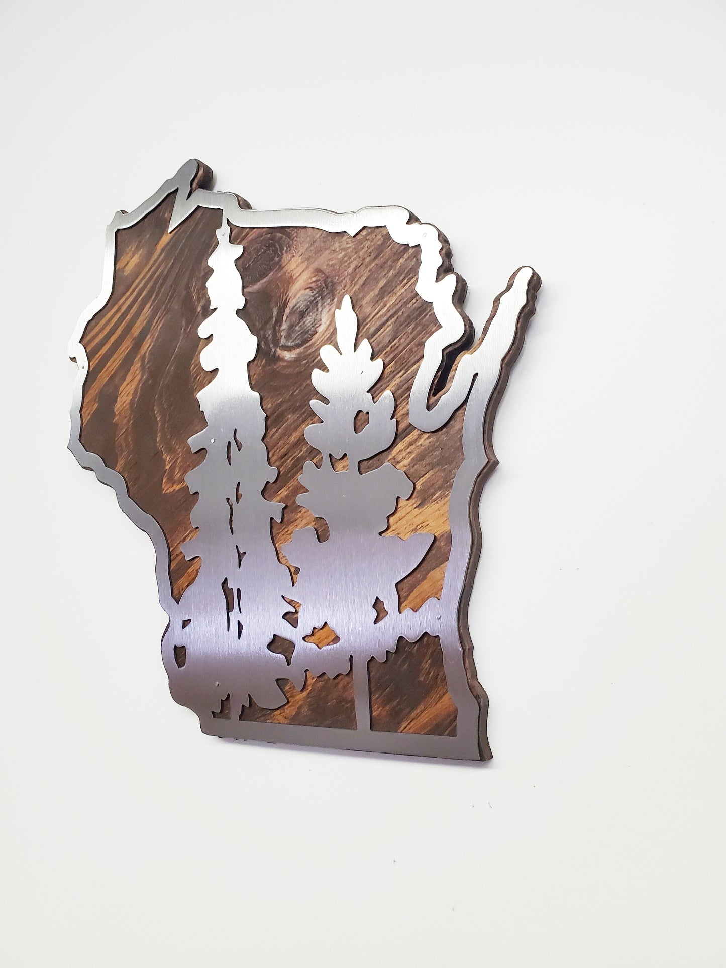 Wisconsin State Shape with Trees Metal Art on Wood