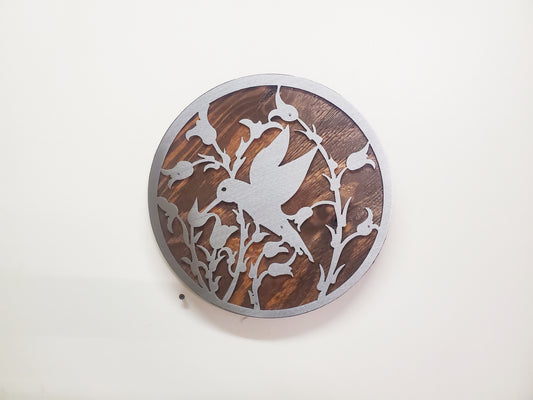 Hummingbird on Flower Metal art on Wood