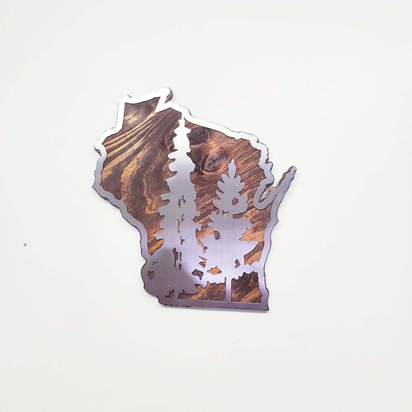 Wisconsin State Shape with Trees Metal Art on Wood