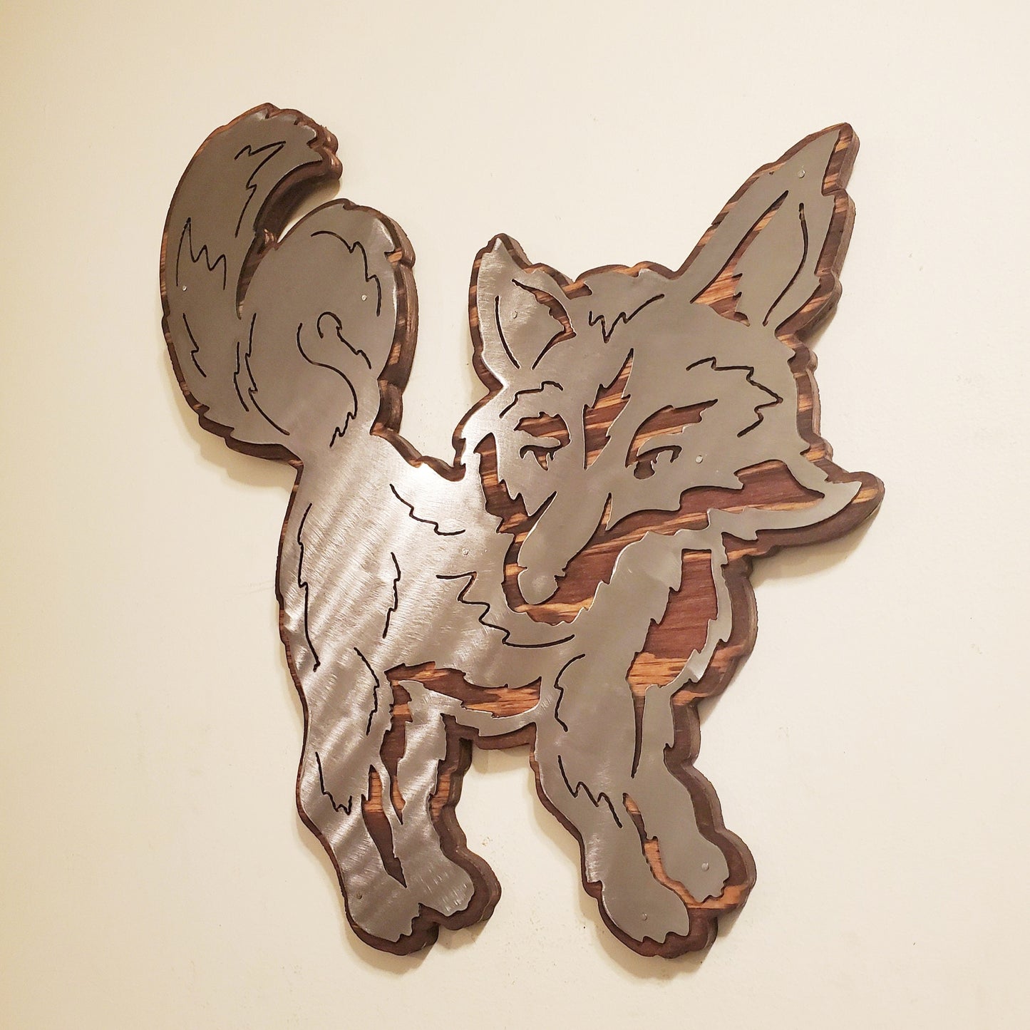 Rustic Fox Metal Art on Stained Wood