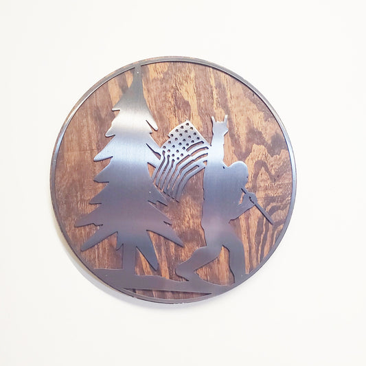 Bigfoot with an American Flag and Trees |  Rustic cabin Decor | Sasquatch Yeti | Metal Art on Wood