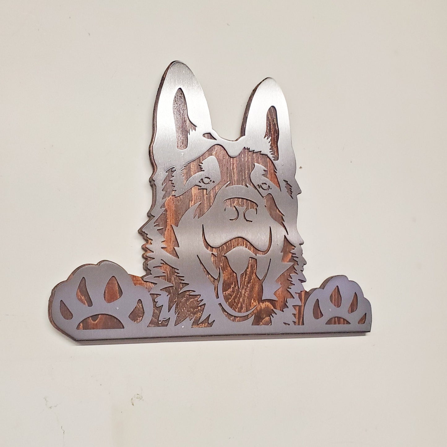 German Shepherd Metal Art on Rustic Stained Wood