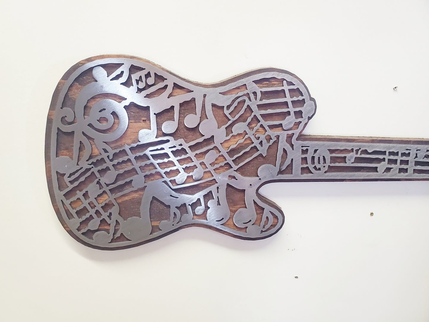 Musical Note Guitar Metal Art on Wood