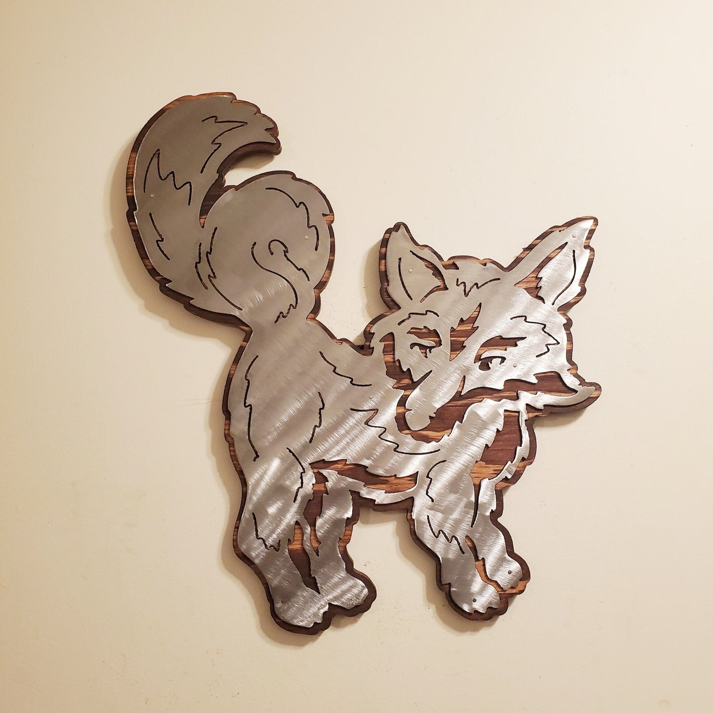 Rustic Fox Metal Art on Stained Wood