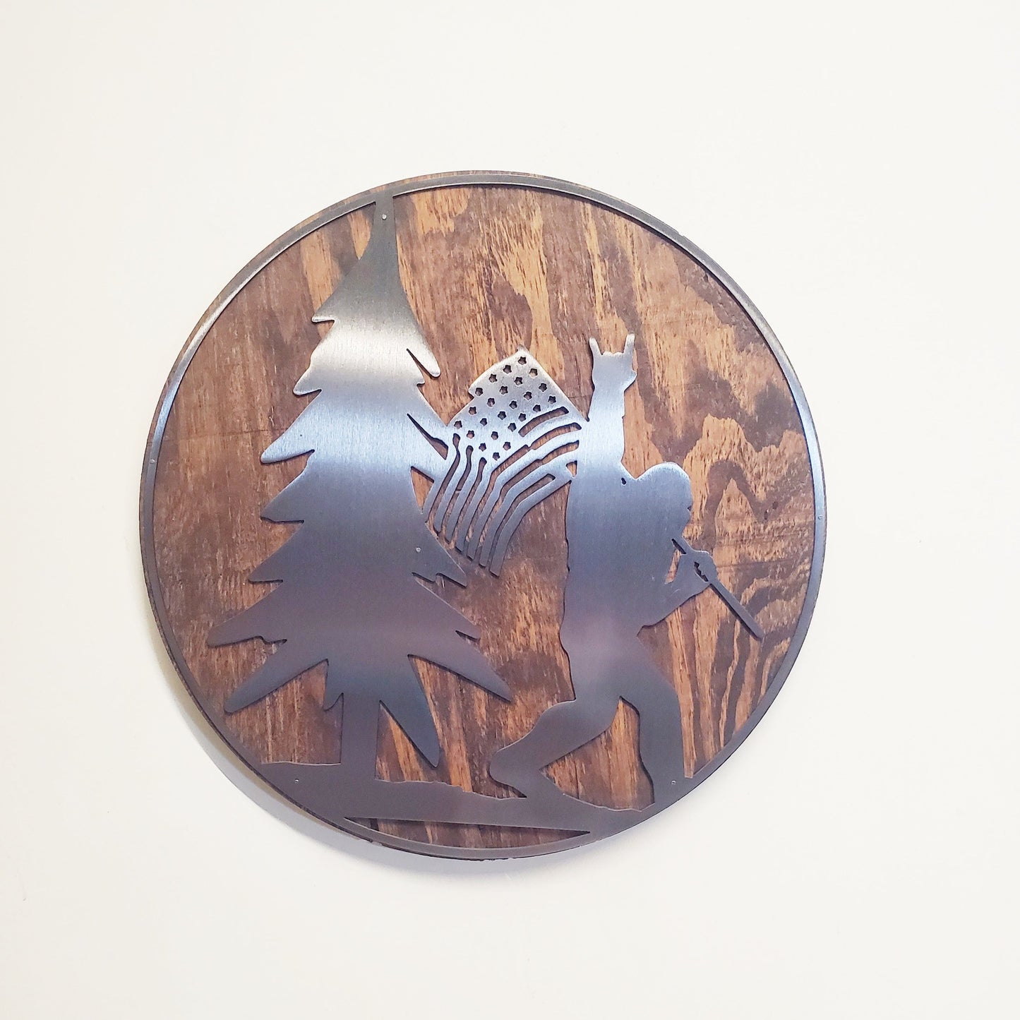 Bigfoot with an American Flag and Trees |  Rustic cabin Decor | Sasquatch Yeti | Metal Art on Wood