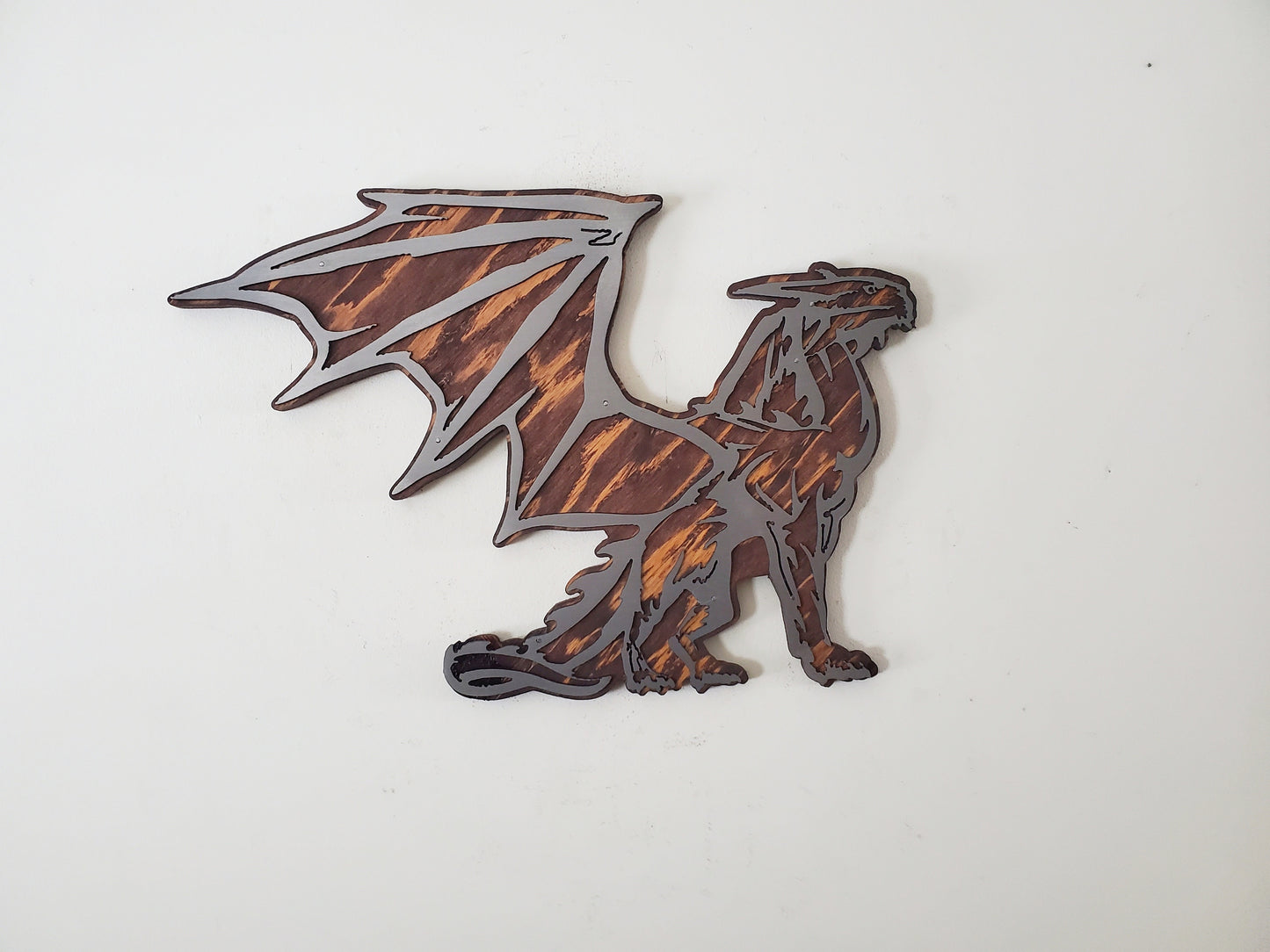 Winged Dragon Metal Art on Rustic Stained Wood | Minnesota Made