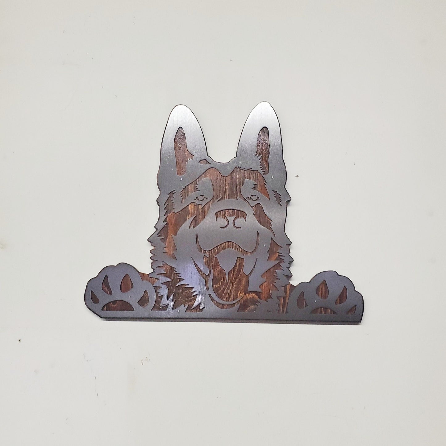 German Shepherd Metal Art on Rustic Stained Wood