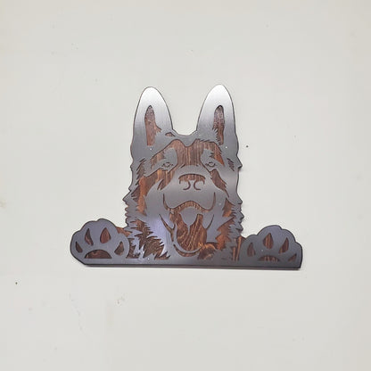 German Shepherd Metal Art on Rustic Stained Wood