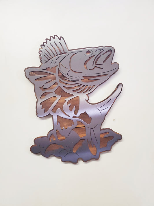 Walleye on the Rocks Metal Art on Wood