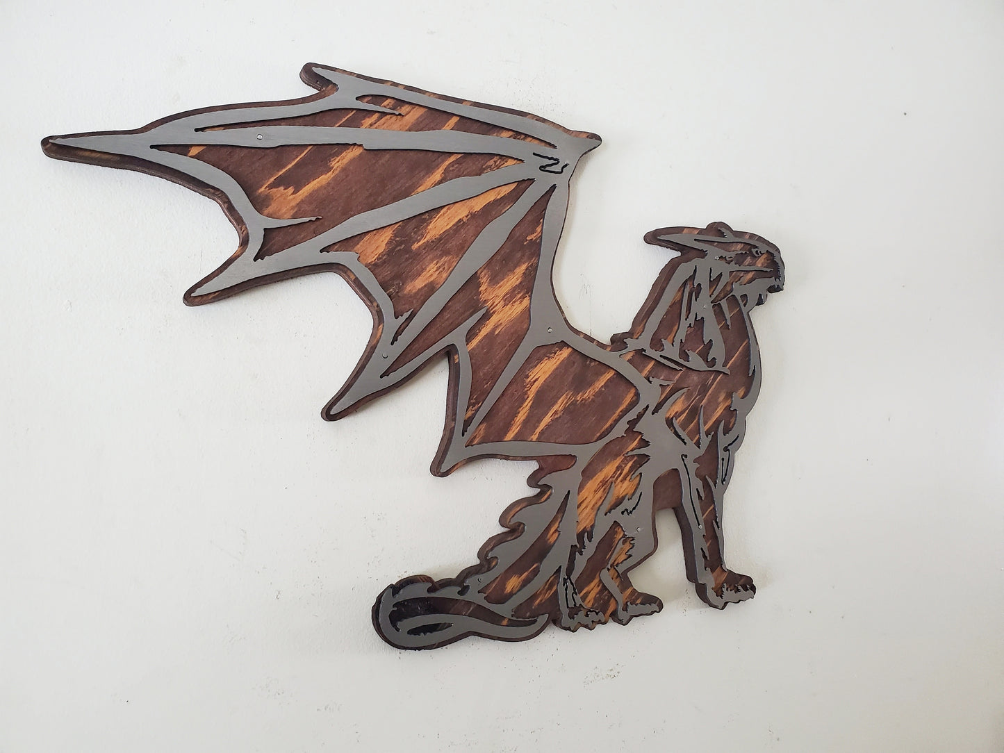 Winged Dragon Metal Art on Rustic Stained Wood | Minnesota Made