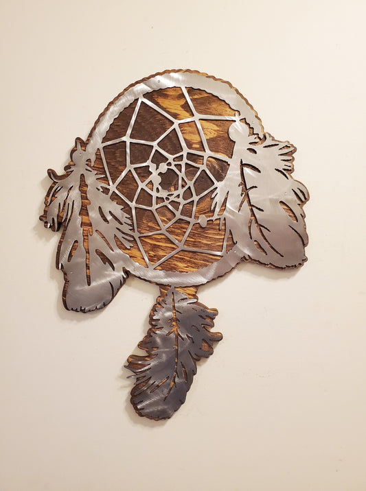 Dream Catcher native American metal art on wood Made in USA