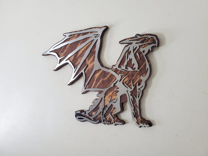 Winged Dragon Metal Art on Rustic Stained Wood | Minnesota Made