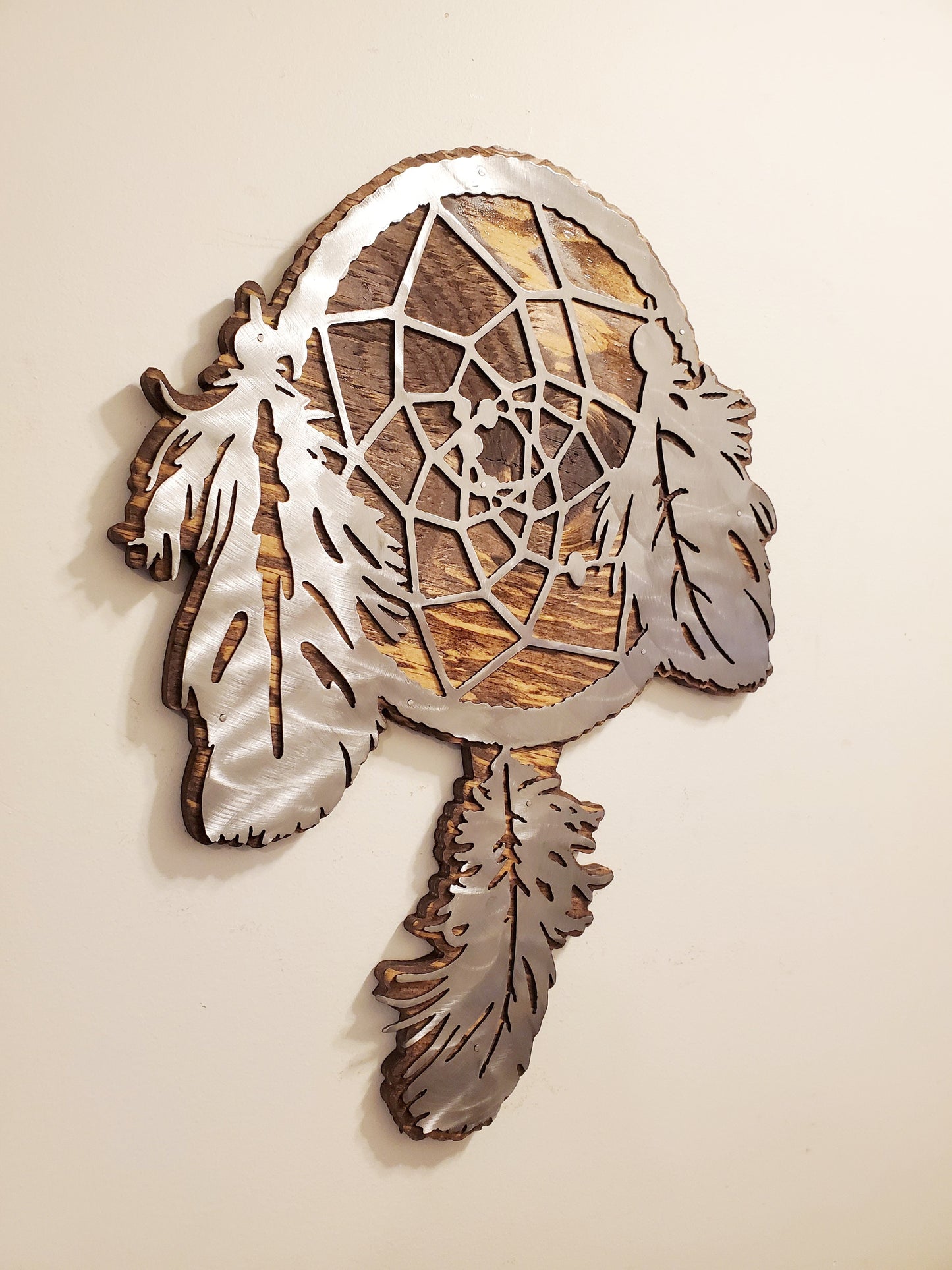 Dream Catcher native American metal art on wood Made in USA