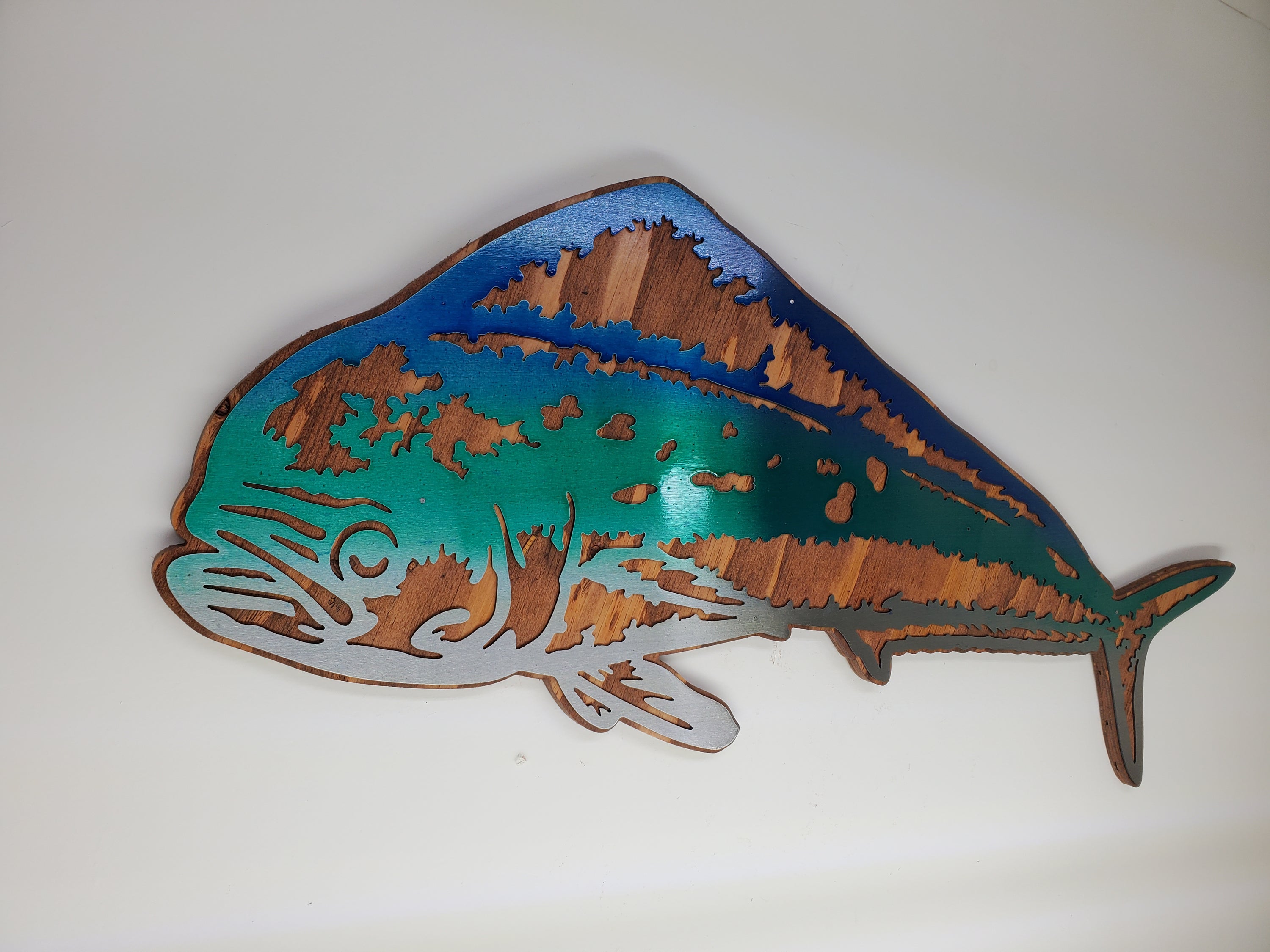 Mahi Mahi metal art on wood fish