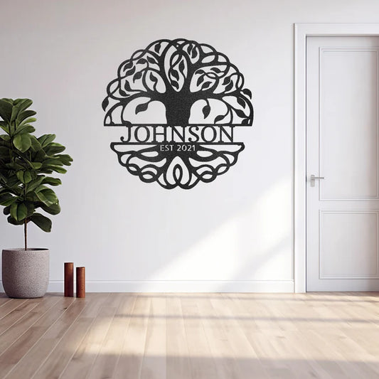Tree of life custom name sign on a wall, black