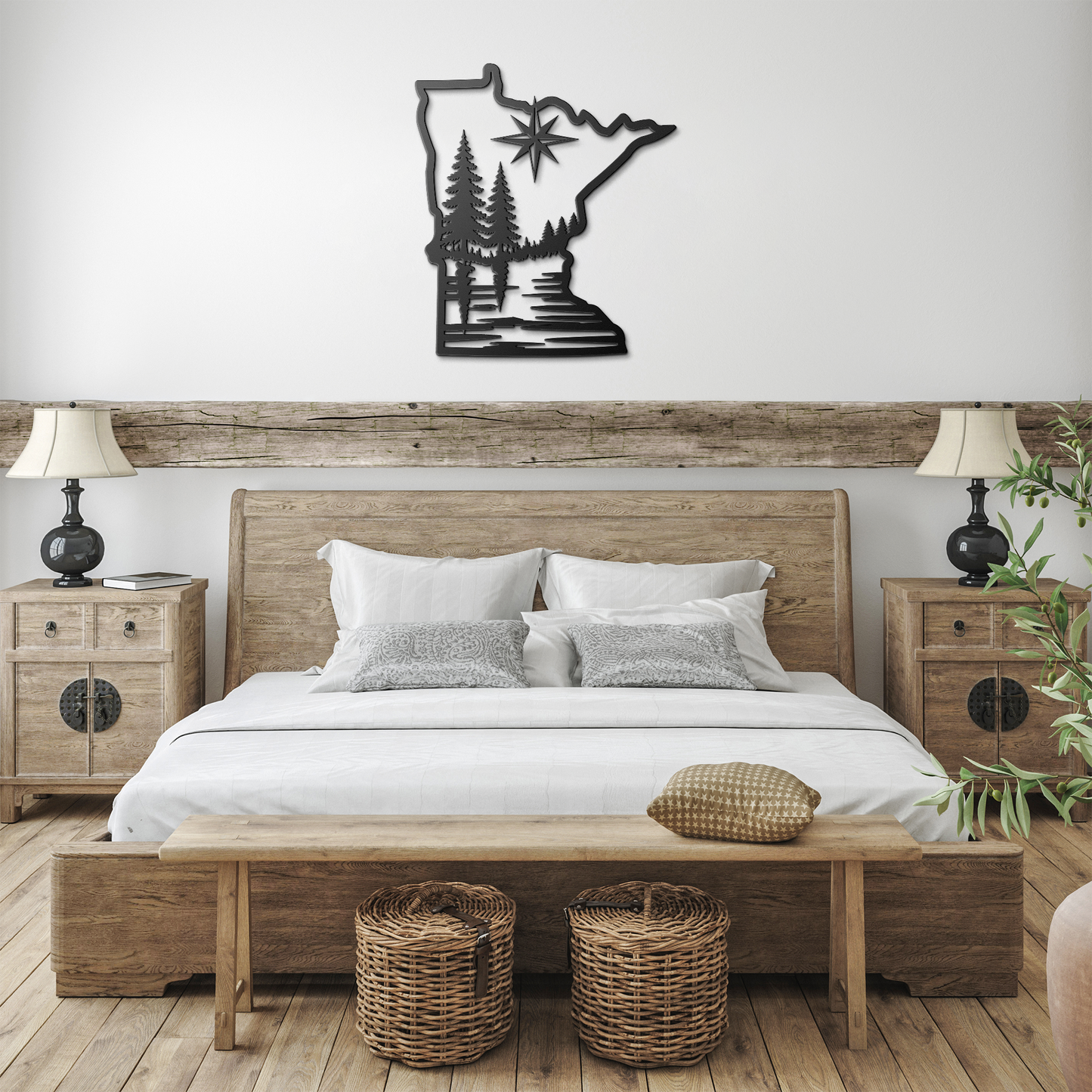 Minnesota State Silhouette Metal Wall Art with Pine Trees and Compass Rose