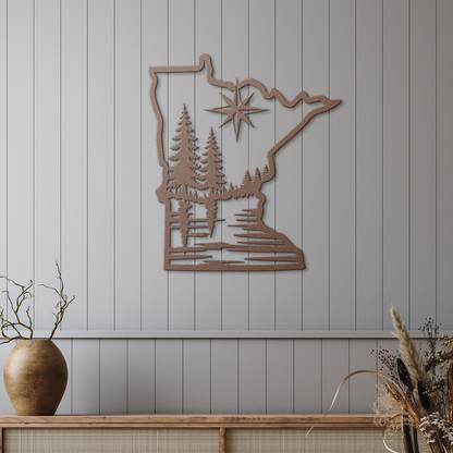 Minnesota State Silhouette Metal Wall Art with Pine Trees and Compass Rose