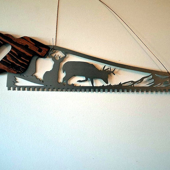 Whitetail deer hand saw wall art video, two bucks wilderness scene