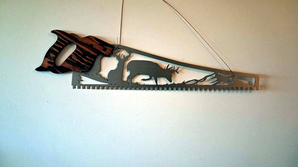 Whitetail deer hand saw wall art video, two bucks wilderness scene