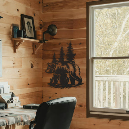 Bear Silhouette Metal Wall Art with Pine Trees
