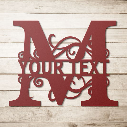 Decorative red letter 'M' with customizable text on a wooden background vine monogram letter