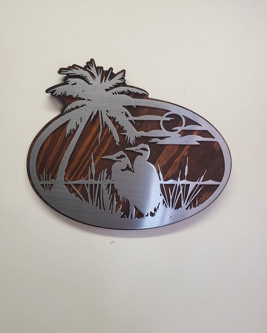 Blue Heron beach scene | Rustic Wood and Metal Egret bird Wall Décor |  Made in USA  fb
