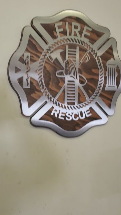 Maltese Cross Fireman Tribute | Metal Art on Wood