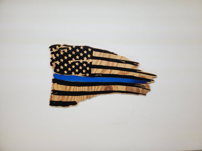 Blue Line Tattered American Flag Handcrafted Wall Art | Police Flag Wall Plaque Gift | Made in USA