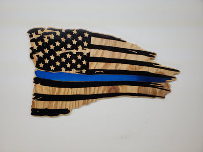 Blue Line Tattered American Flag Handcrafted Wall Art | Police Flag Wall Plaque Gift | Made in USA