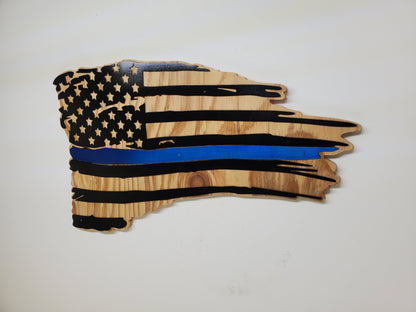 Blue Line Tattered American Flag Handcrafted Wall Art | Police Flag Wall Plaque Gift | Made in USA