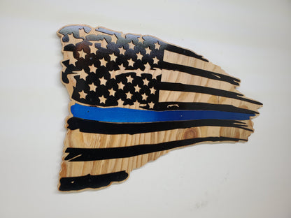 Blue Line Tattered American Flag Handcrafted Wall Art | Police Flag Wall Plaque Gift | Made in USA
