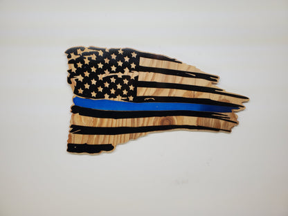 Blue Line Tattered American Flag Handcrafted Wall Art | Police Flag Wall Plaque Gift | Made in USA