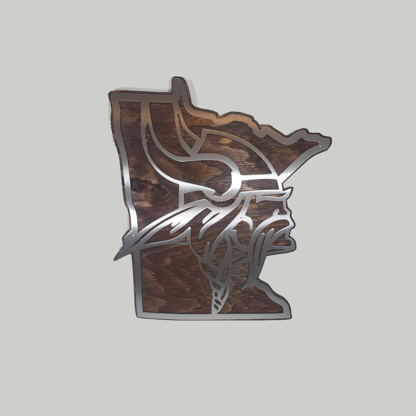 Vikings Head Minnesota State Shape | Metal Art on wood