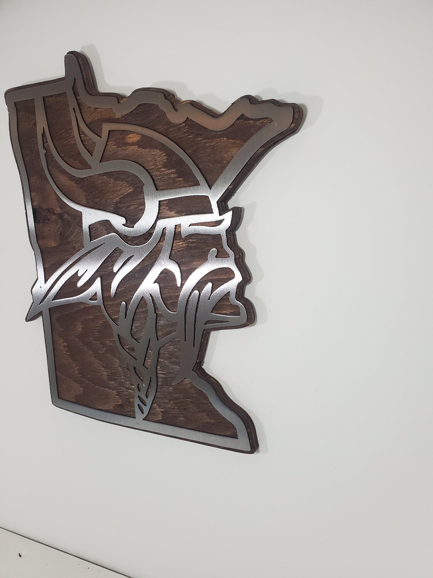 Vikings Head Minnesota State Shape | Metal Art on wood