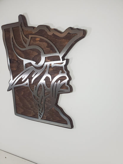 Vikings Head Minnesota State Shape | Metal Art on wood